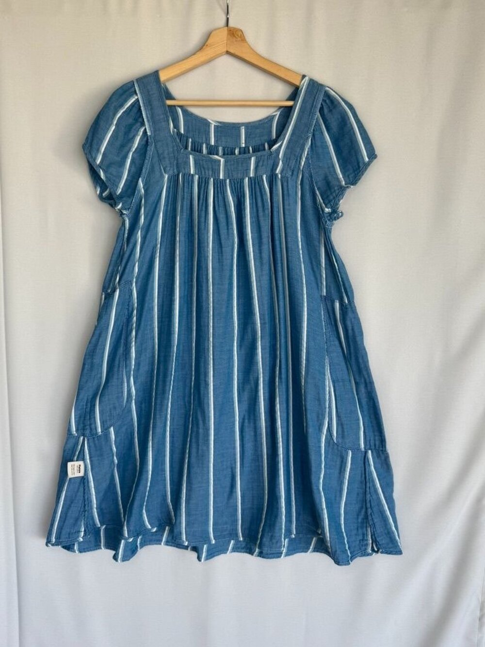 Pietsie Agave Cotton Blue Striped Cap Sleeve Babydoll Shift Dress Size Medium - Picture 6 of 9
